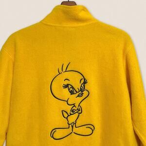 Vintage 90s Tweety Looney Tunes Fleece Sweatshirt Yellow Quarter Zip - Small